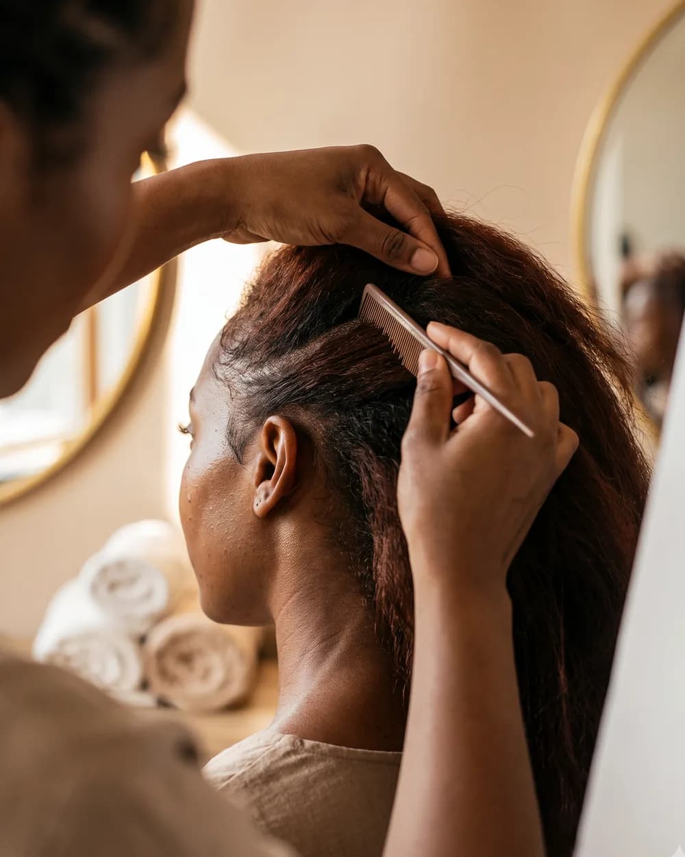 A TF Loft stylist sectioning a client's natural hair in the studio