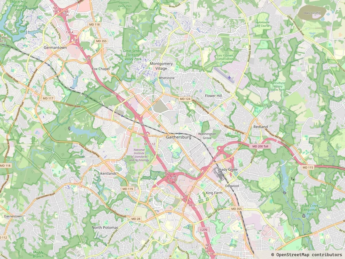 Map of the Gaithersburg, Maryland area served by TF Loft Beauty