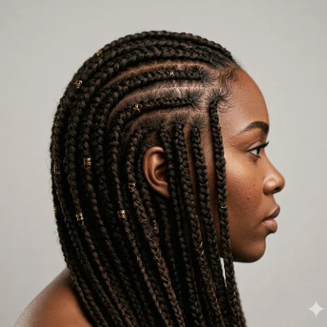 Knotless braids styled at TF Loft Beauty, an African hair braiding salon in Gaithersburg, MD